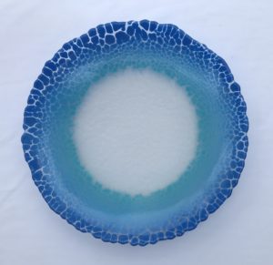 Large shallow fused glass crackle dish in shades of blue