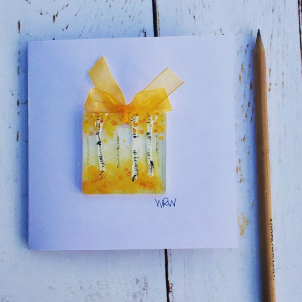 Blank greetings card with tiny fused glass suncatcher of autumn birches