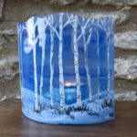 Fused glass silver birches design panel with light source