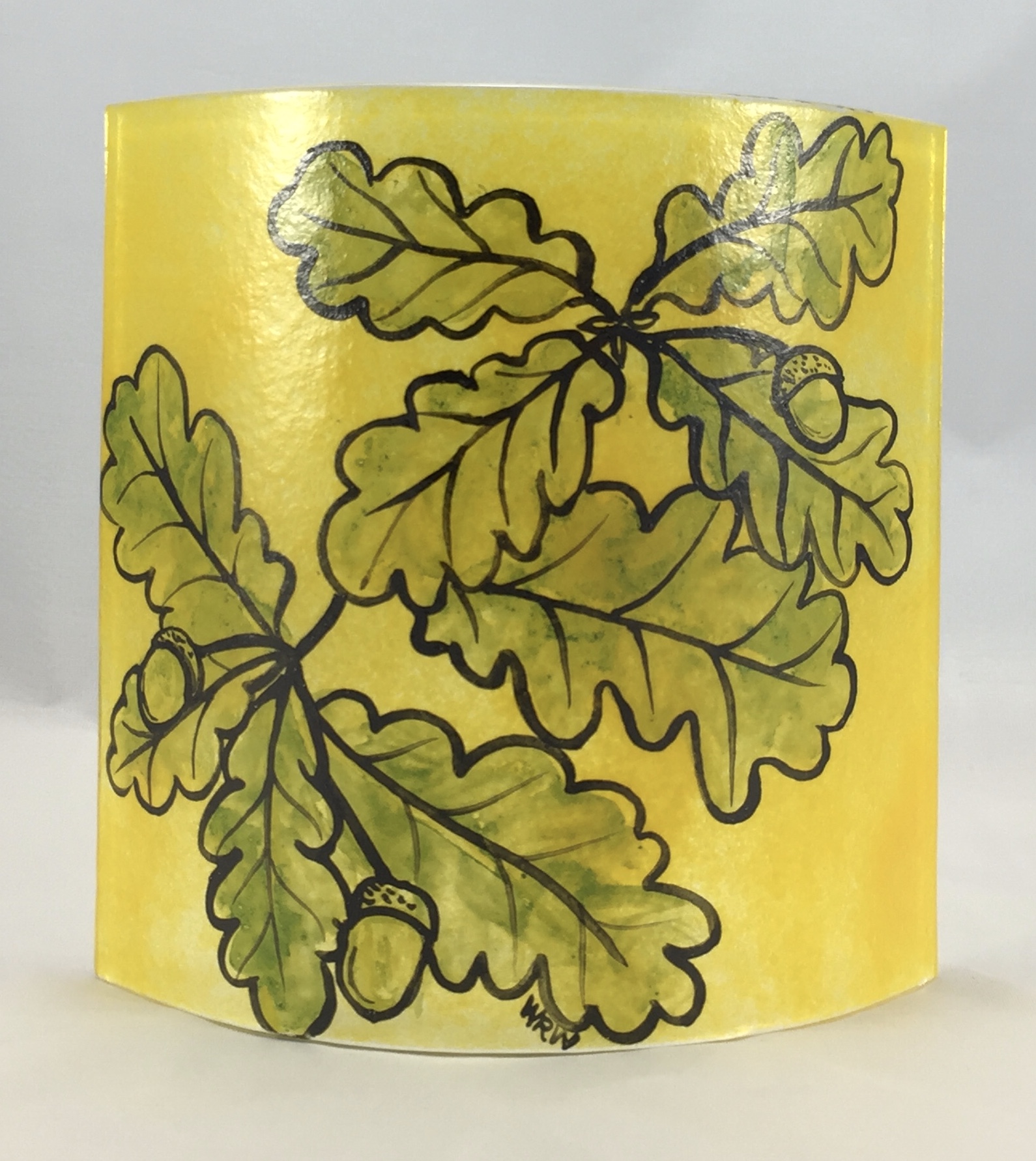 Fused glass curved hand-painted panel of oak leaves and acorns