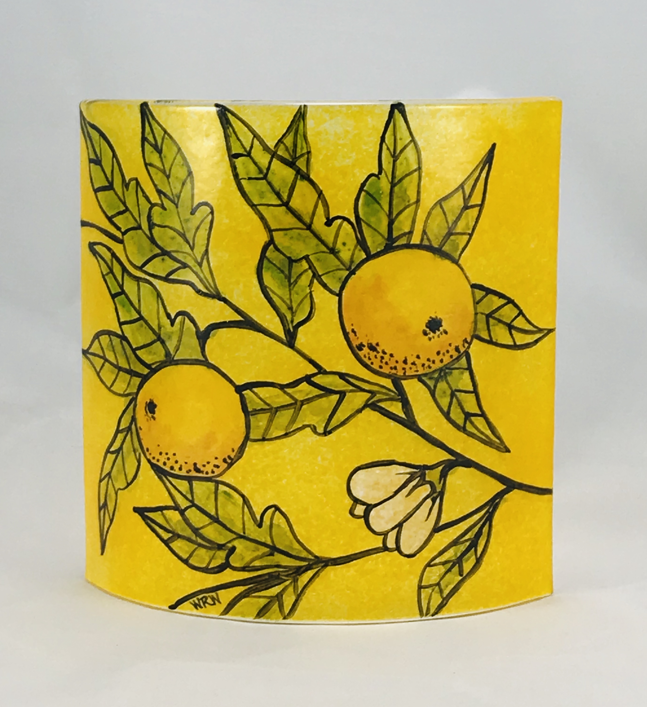Fused glass curved panel of oranges and foliage