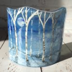 Blue fused glass panel with winter birches hand painted