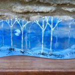 hand-painted glass panel with winter silver birches design