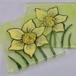 Handmade glass coasters with springtime daffodil design