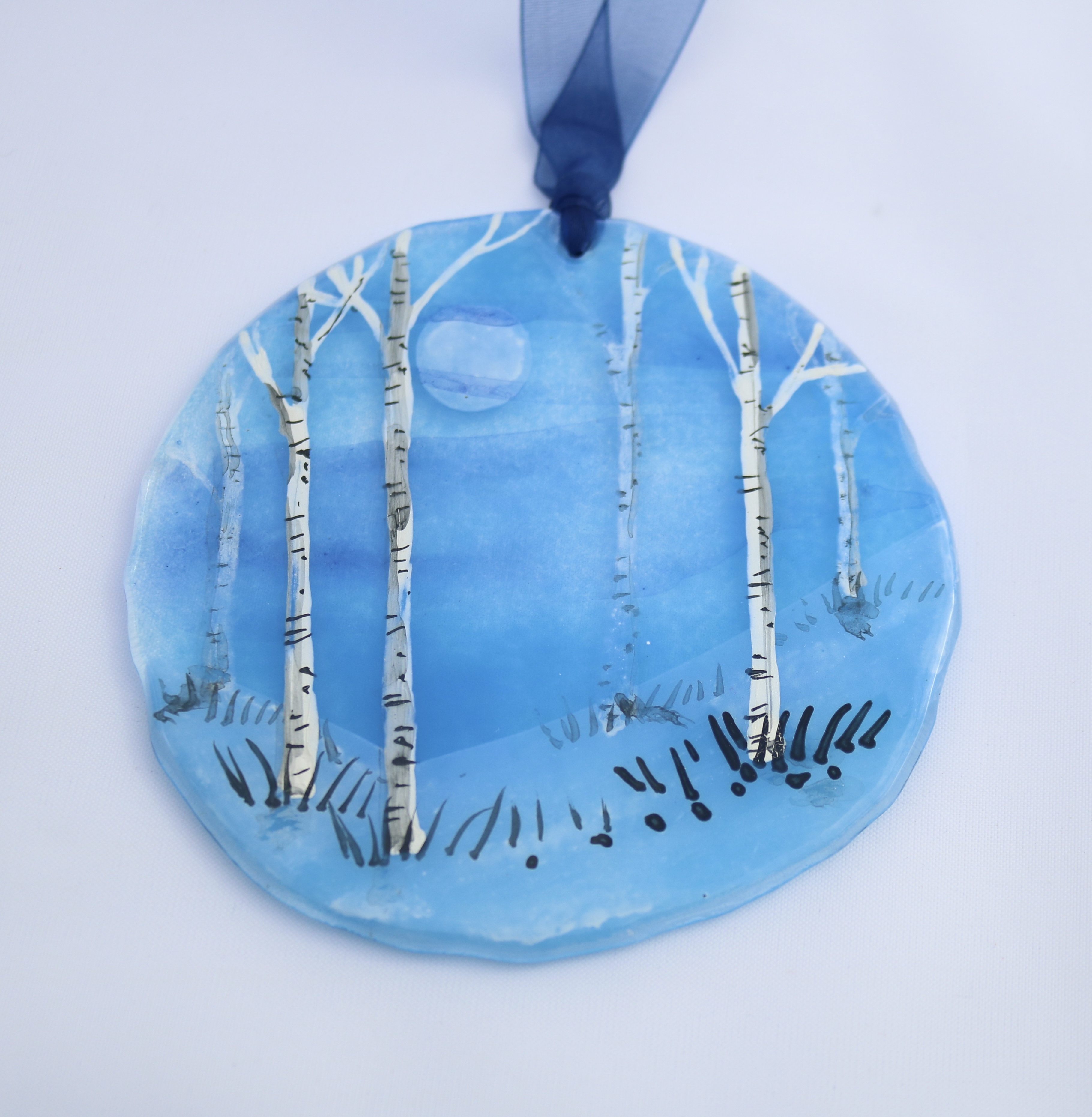 Handpainted birches on blue moonlit fused glass background