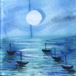 Detail of the moonlit sea design with fishing ships at night