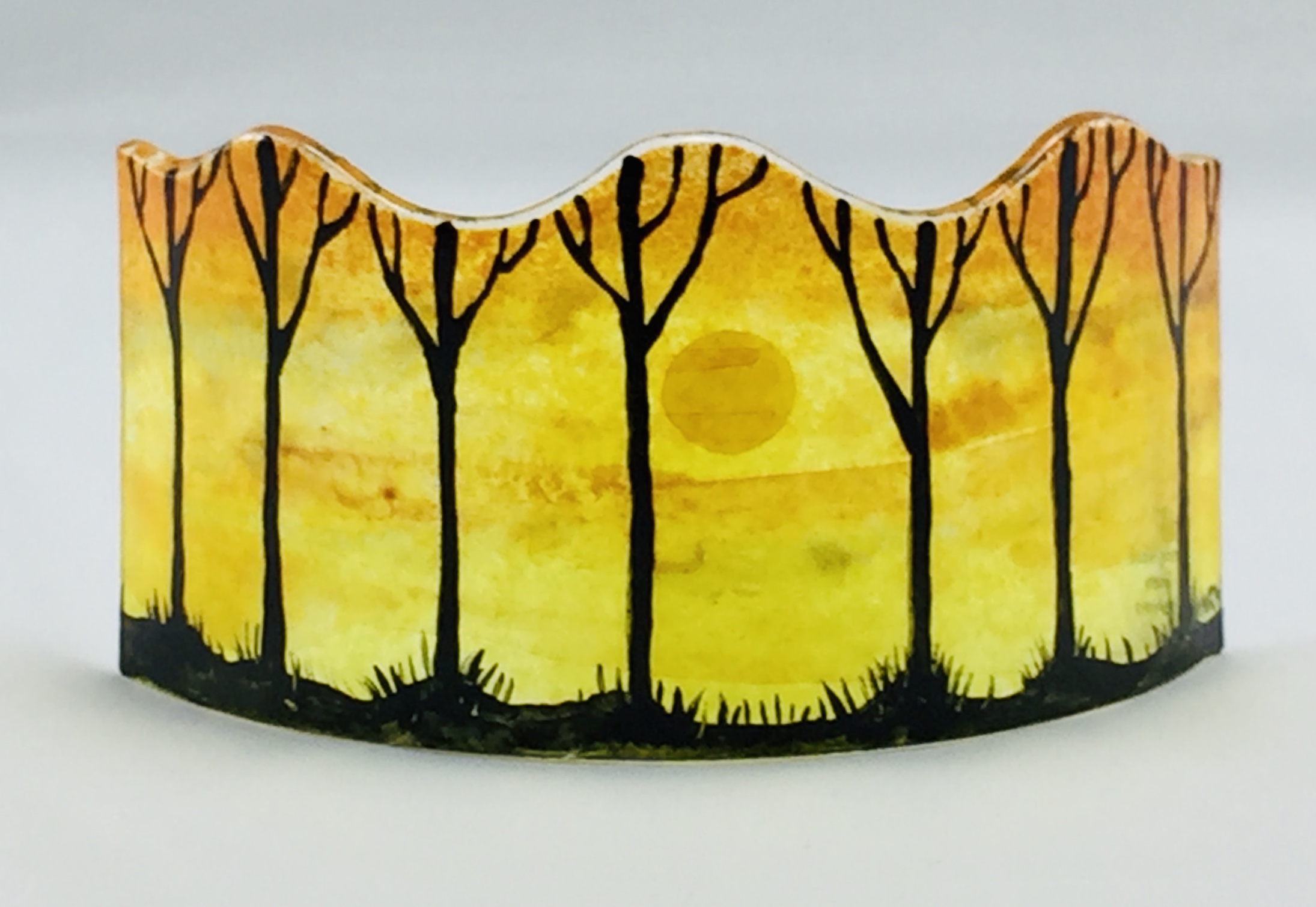 Fused glass mini panel of sunset with silhouetted trees