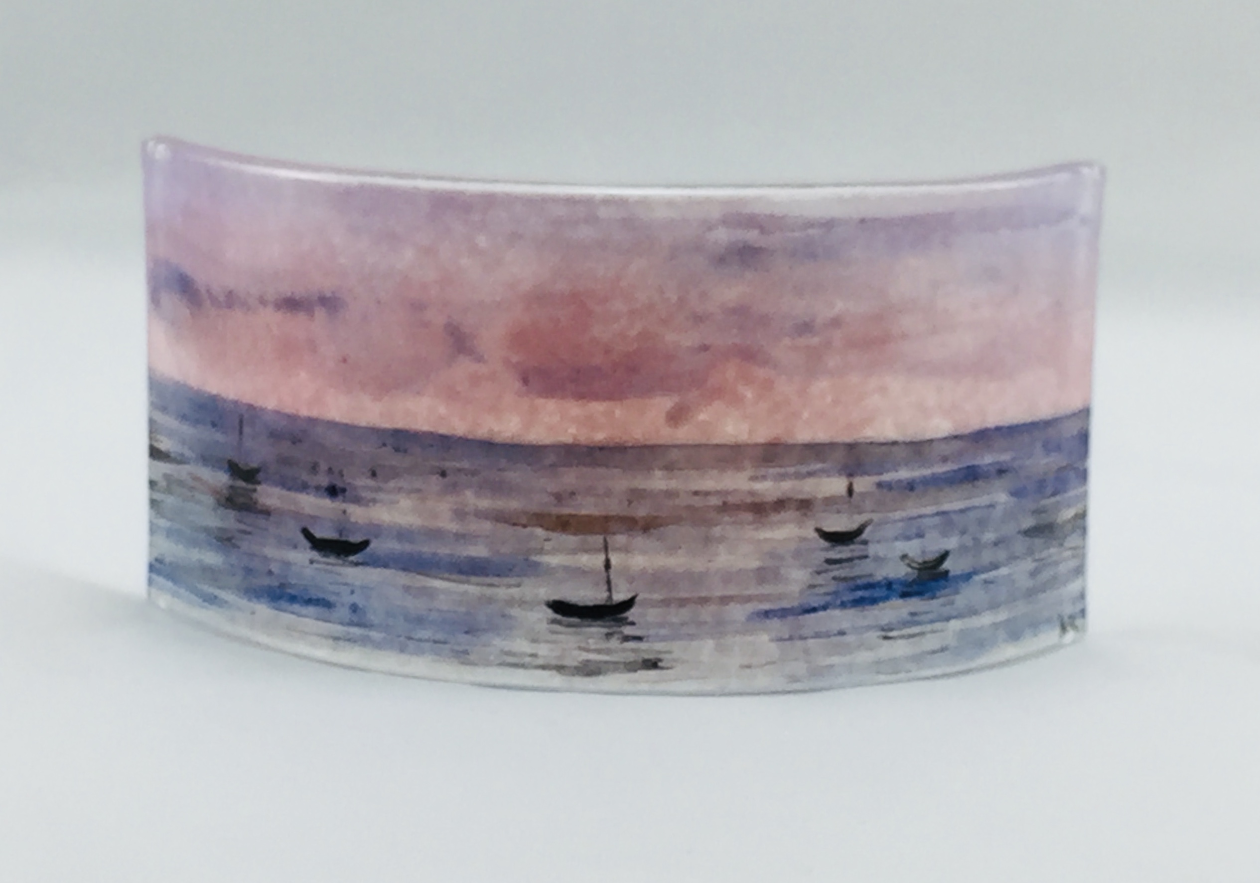 Mini fused glass panel of pinkish sunset on sea with boats