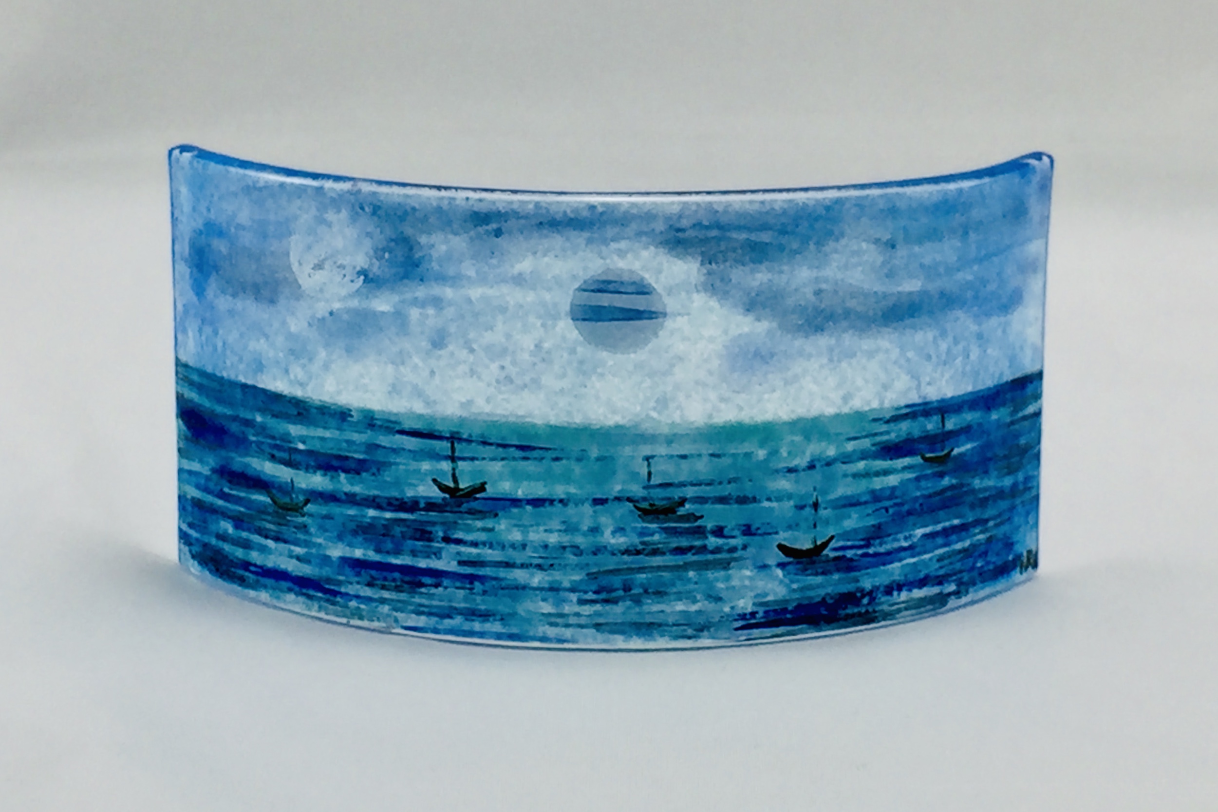 Mini fused glass panel of moonlit sea with boats