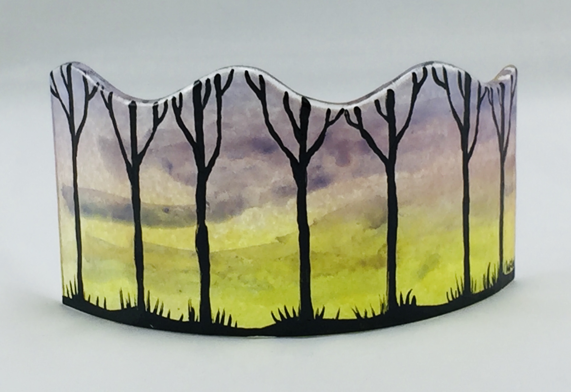 Fused glass mini panel of sunrise with tree silhouettes