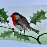 Short free-standing fused glass panel with robin design